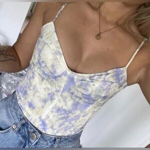 NWT Zara XS Tie Dye Satin Bustier Bodysuit Top Tank Blue X Small *flaw